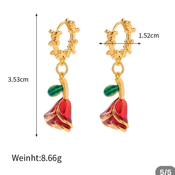 18K Gold Plated Enamel Red Rose Earrings - Picture 4 of 7